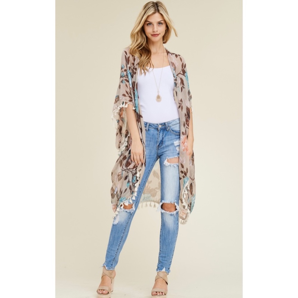 Khaki Floral Tassel Kimono